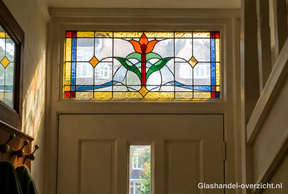 Gekleurd glas in lood met een tulp in het bovenlicht van een voordeur, gezien vanuit de gang